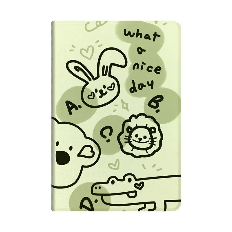 Korean cartoon flip tablet case for iPad with Matcha Zoo design, imitation leather exterior, and sleep function