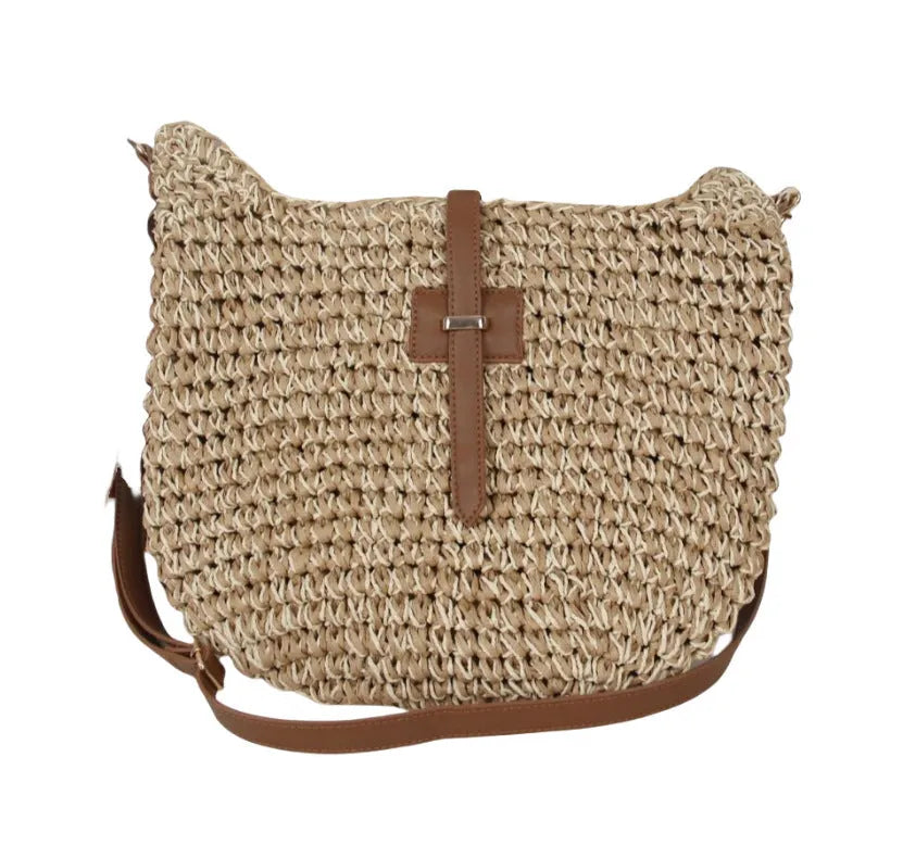 Beige handmade woven bag with sandwich pocket style and 55cm shoulder strap