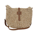 Beige handmade woven bag with sandwich pocket style and 55cm shoulder strap