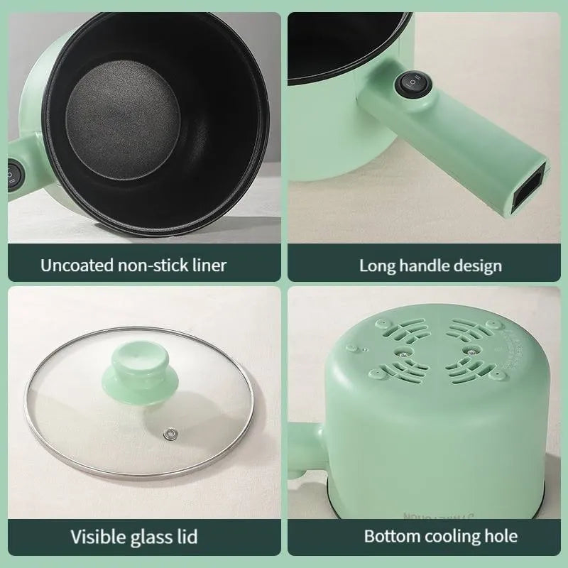 Mini electric hot pot appliance in stainless steel with non-stick coating and included cooking accessories