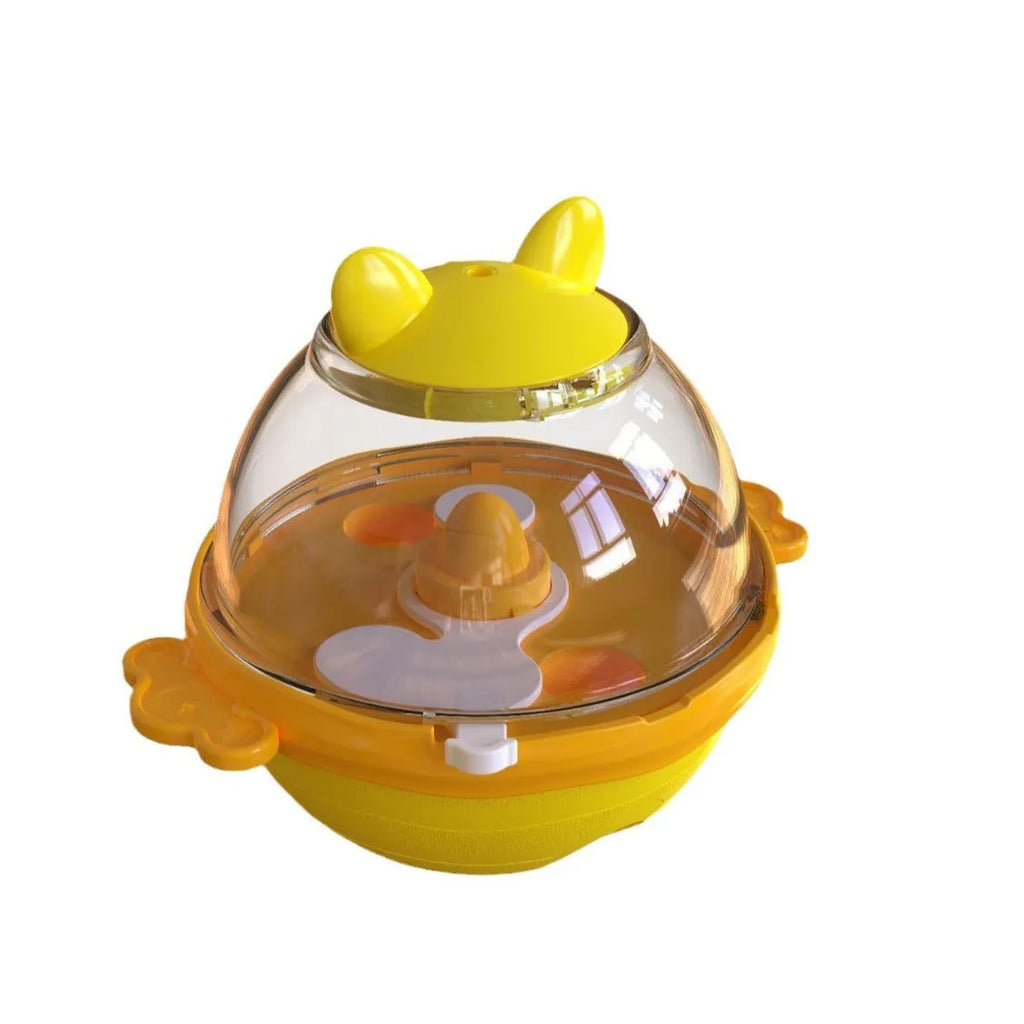 Yellow TPR pet food feeder tumbler toy for dogs measuring 11.2 x 13.9 x 12.2 cm