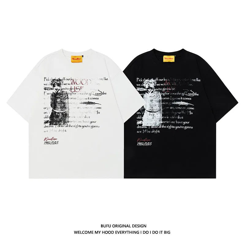 Men's black cotton hip hop style t-shirt with white printed letters and loose fit