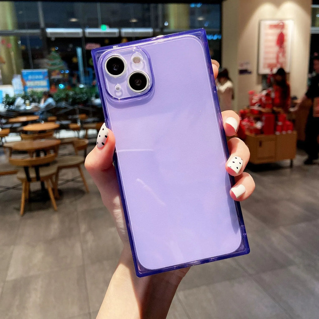 Square fluorescent TPU phone case for iPhone 13 in violet showing embossed texture and camera cutout