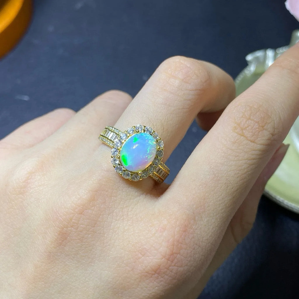 Handmade natural opal ring in silver with choice of rose gold, white gold, or yellow gold plating