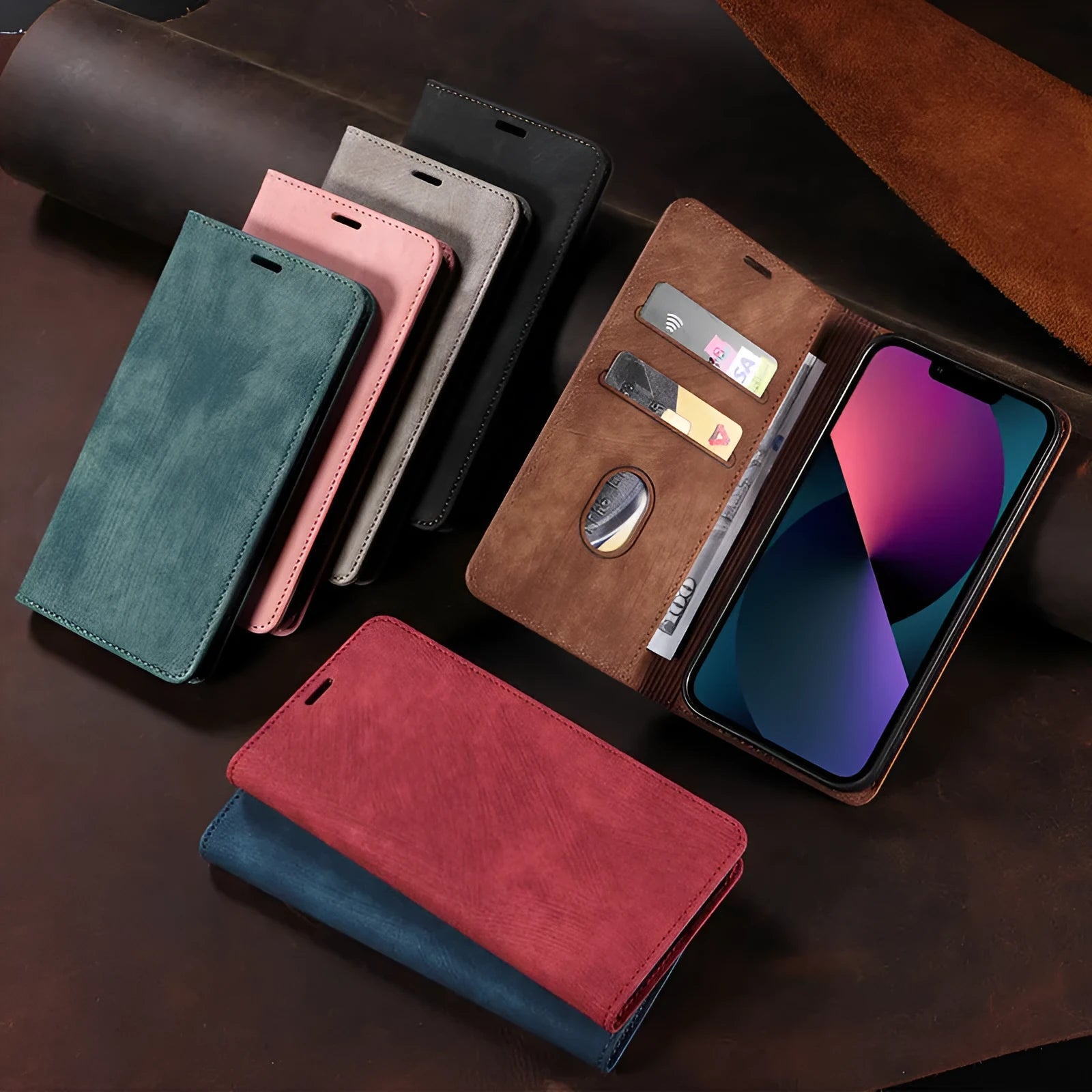 Magnetic flip leather phone case for iPhone in various colours, showing front and back views.
