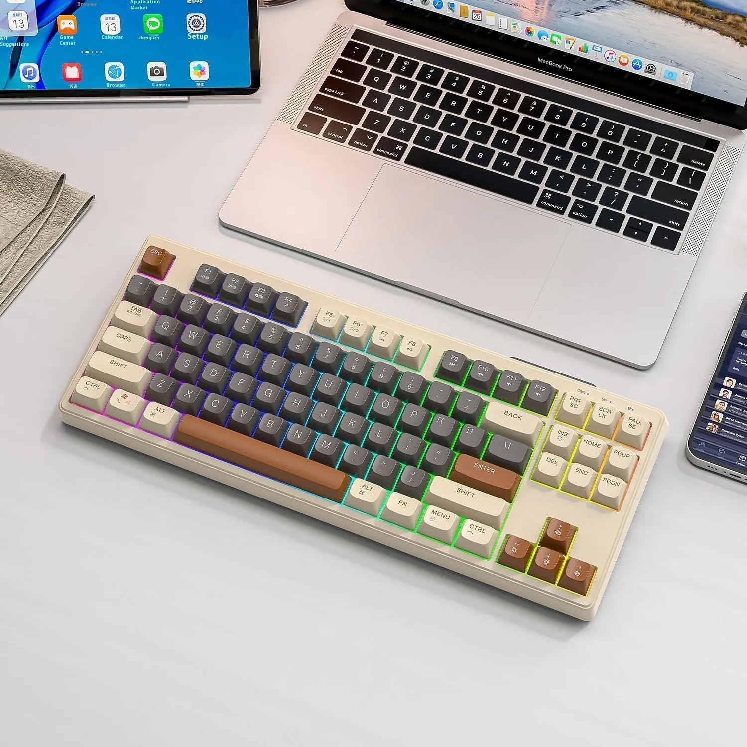 Free Wolf M87 wireless Bluetooth dual-mode mechanical feeling keyboard in blueberry colour on a desk