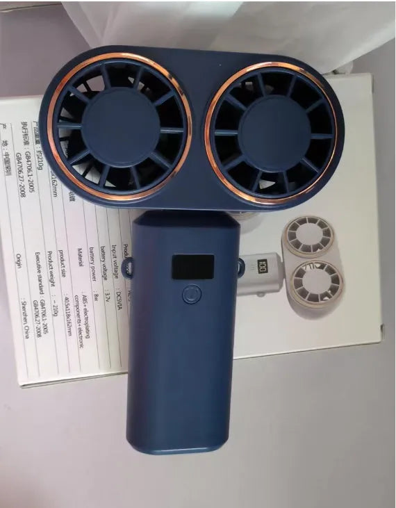 USB rechargeable handheld fan folded showing digital display screen and available in three colours