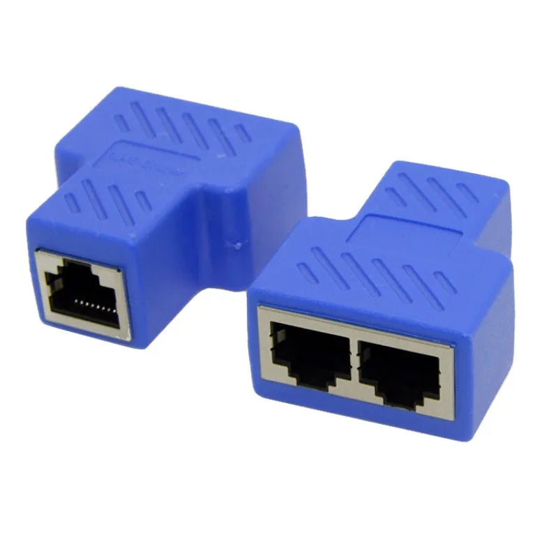 Two white RJ45 network cable splitter adapters showing one male and two female Ethernet ports.