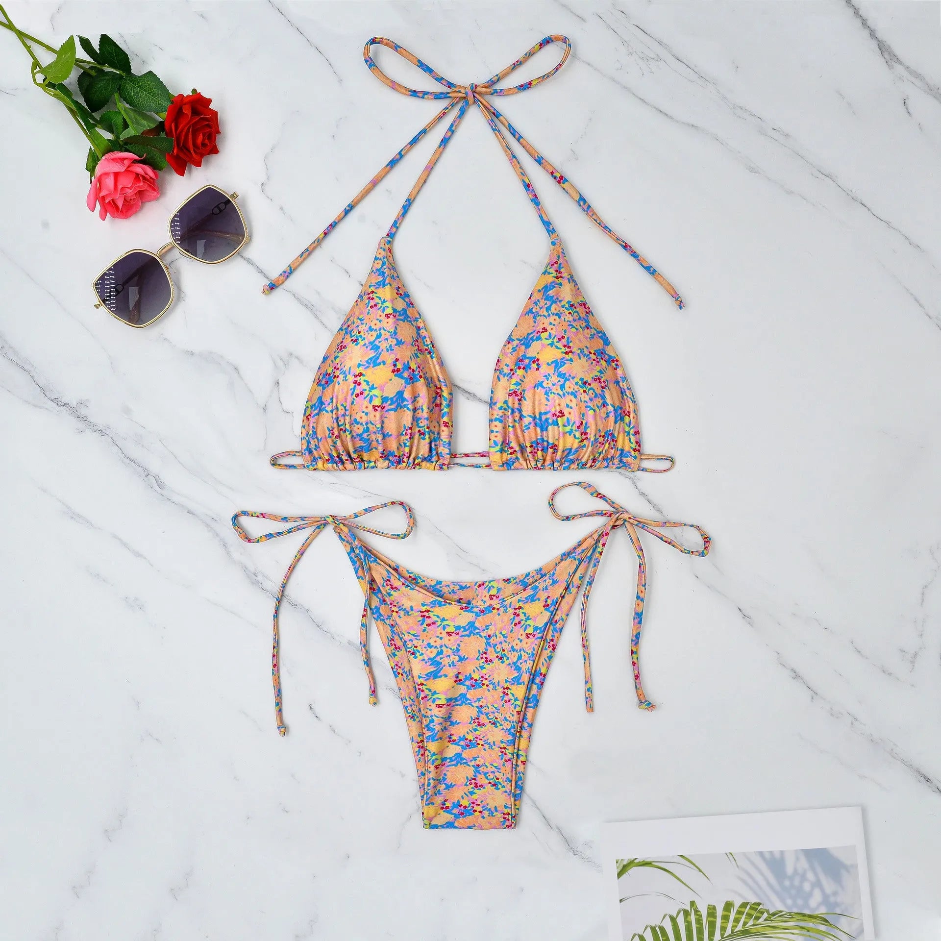 Women's lace-up front bikini swimsuit with backless European American design in picture colour