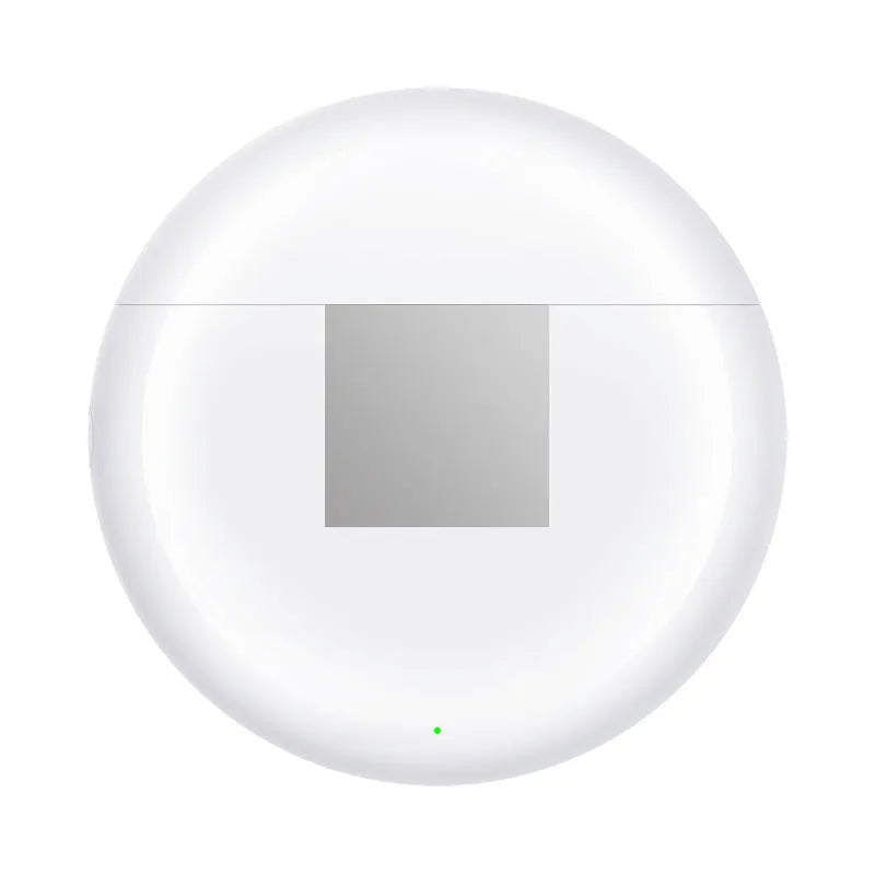 White Budz5 wireless Bluetooth earbuds with charging case on a table.