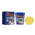 Automotive stainless steel wheel hub cleaning paste 100g in PE bottle with sponge next to a car wheel