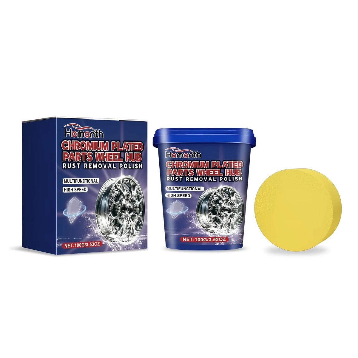 Automotive stainless steel wheel hub cleaning paste 100g in PE bottle with sponge next to a car wheel