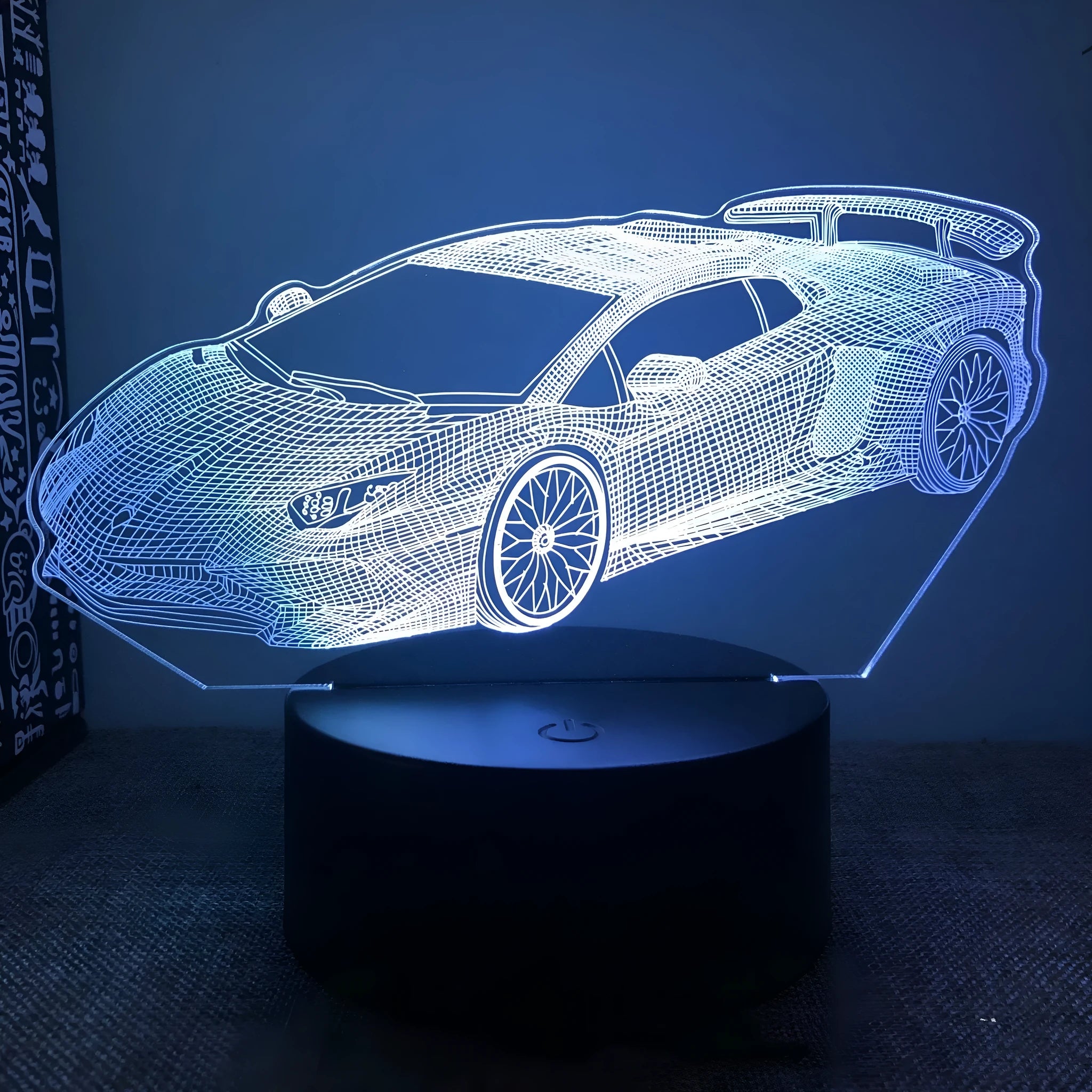 Car-shaped USB bedside lamp with touch remote control showing 16 colour modes