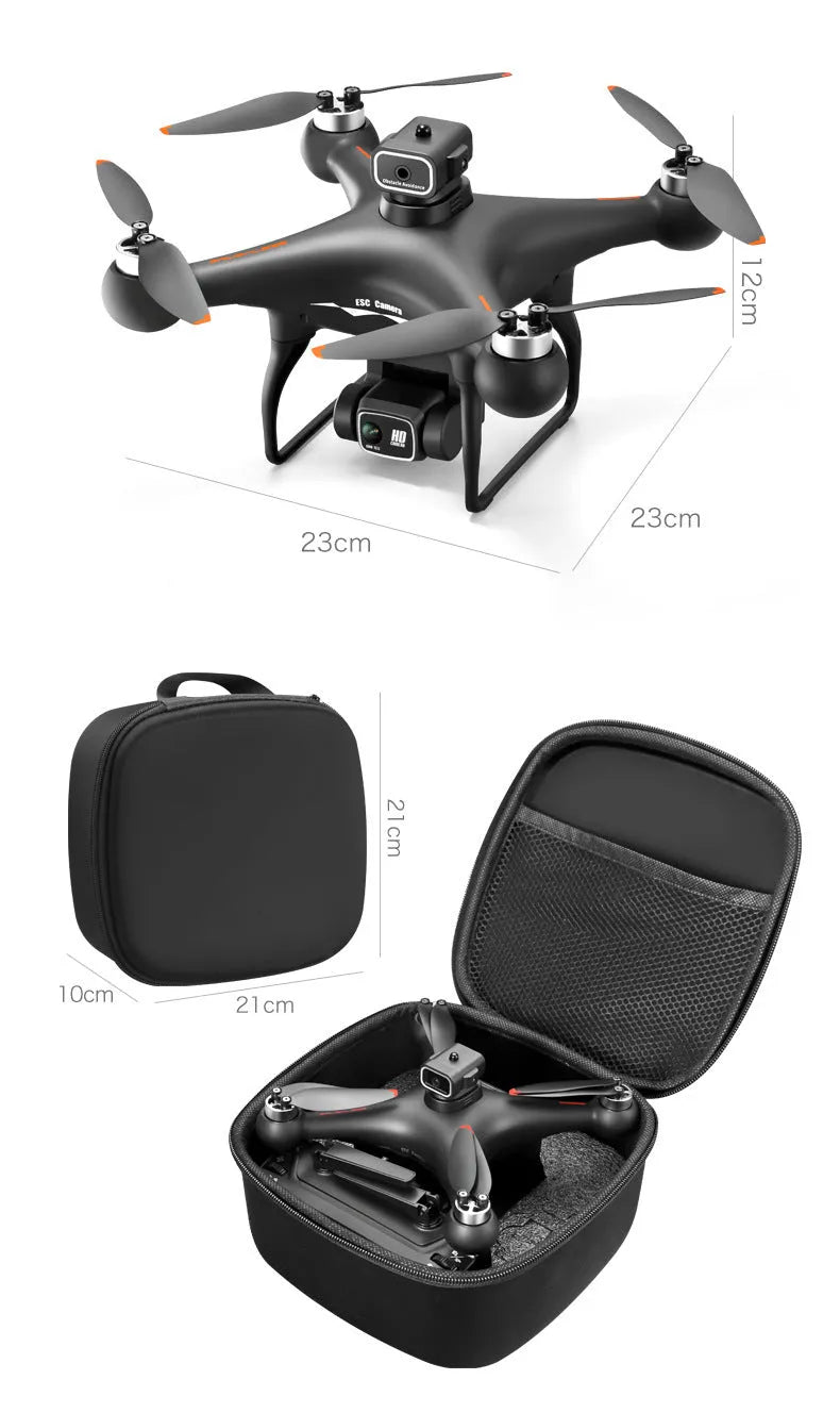 Black HD brushless motor UAV drone with four-side obstacle avoidance sensors and camera, remote control shown beside it.