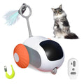 Blue smart cat toy car with feather teaser and remote control on a wooden floor