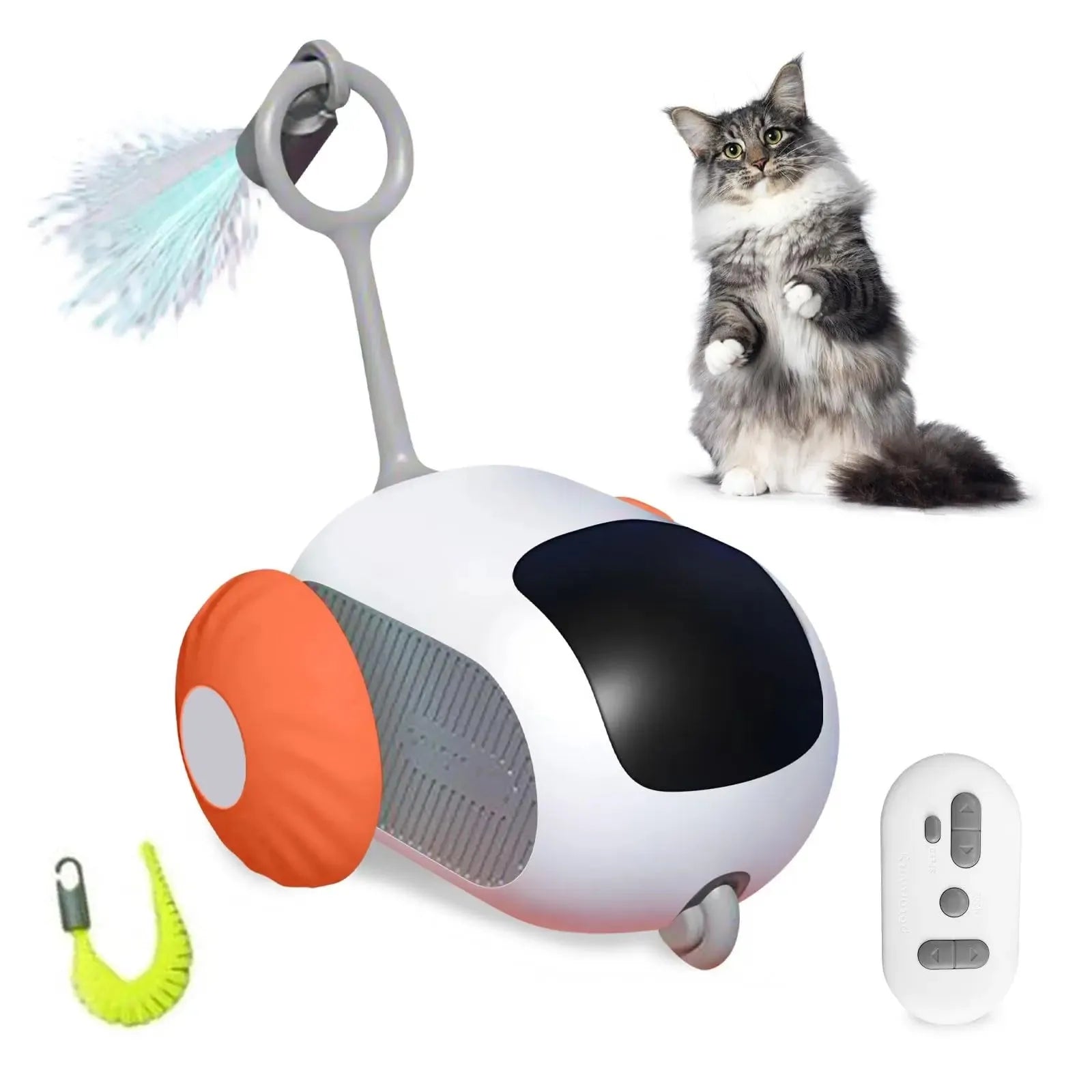 Blue smart cat toy car with feather teaser and remote control on a wooden floor