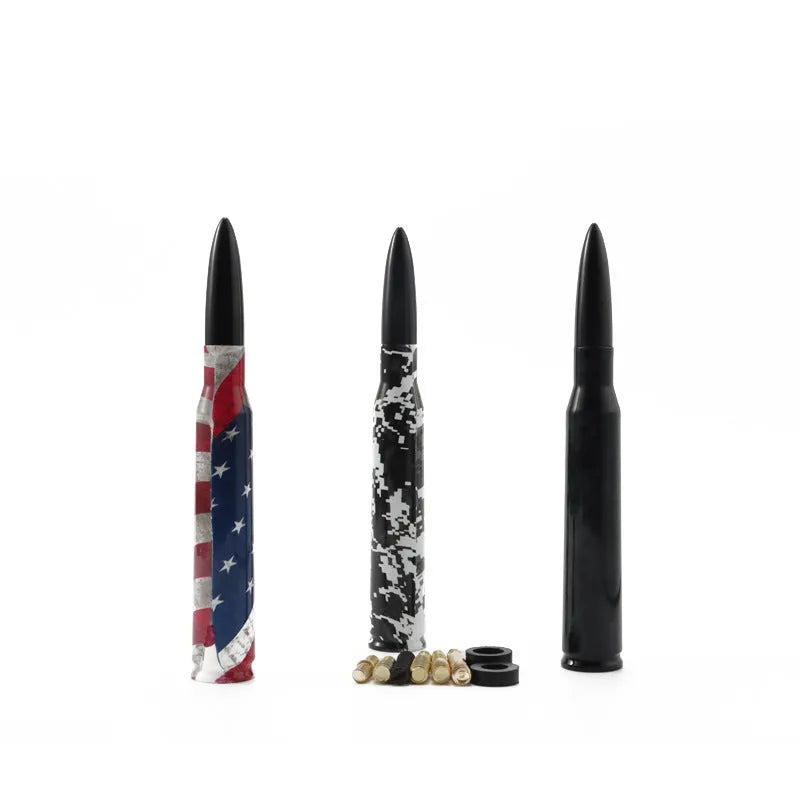 Bullet-style car antenna in black, camouflage green, and American flag designs, length 14cm.