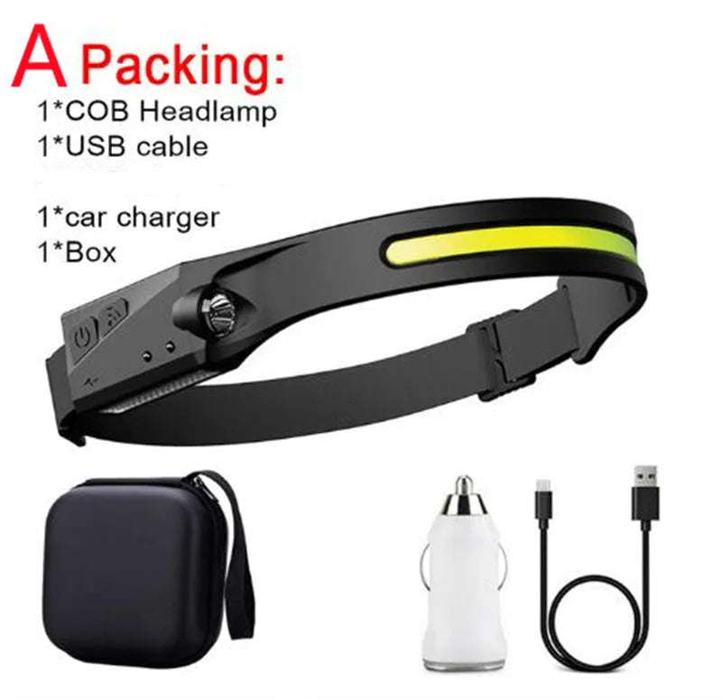 Black silicone USB rechargeable headlamp with side wave sensor and dual LED lights for wide and long-distance illumination.