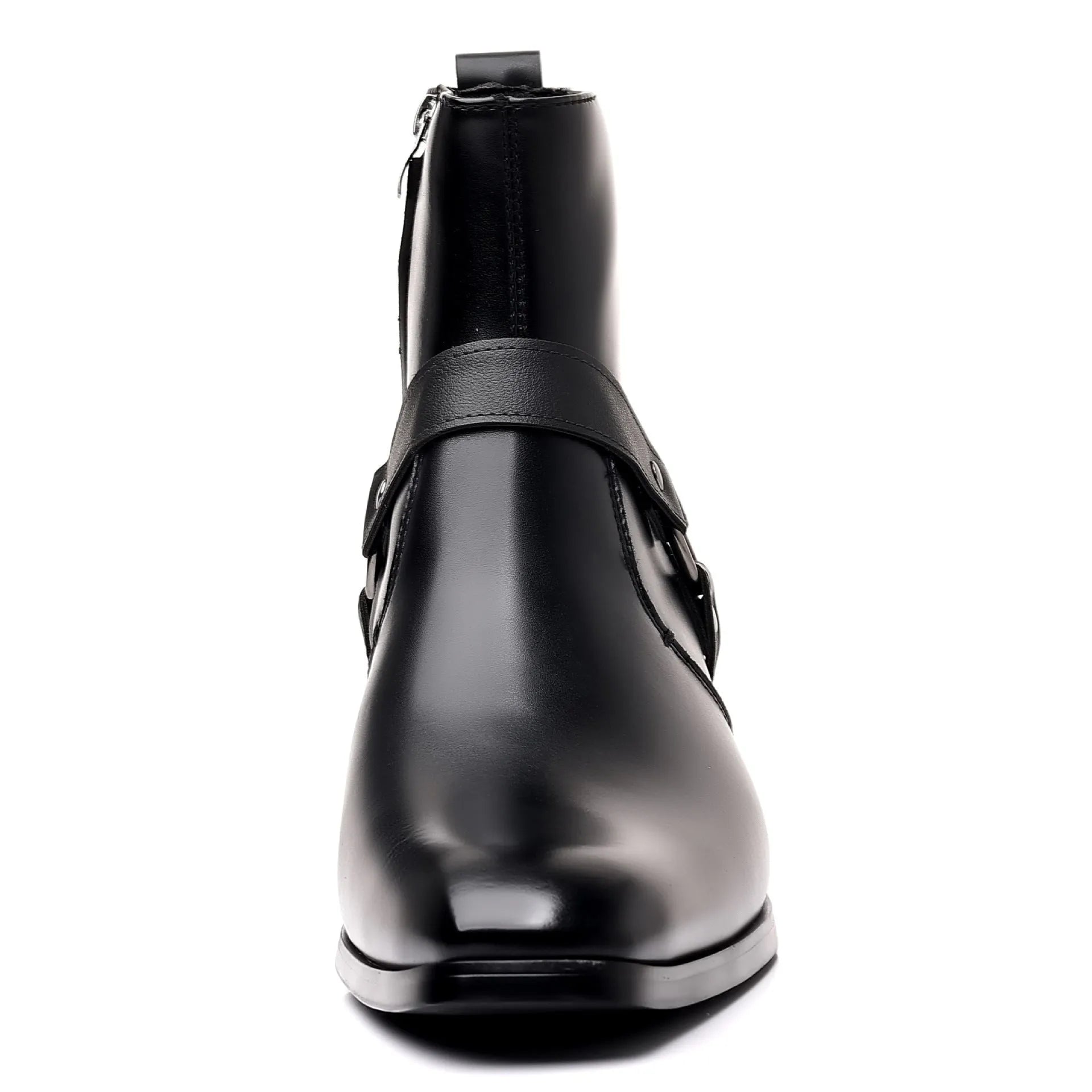 Unisex chain ankle boots with side zip and square toe in black and dark brown colours