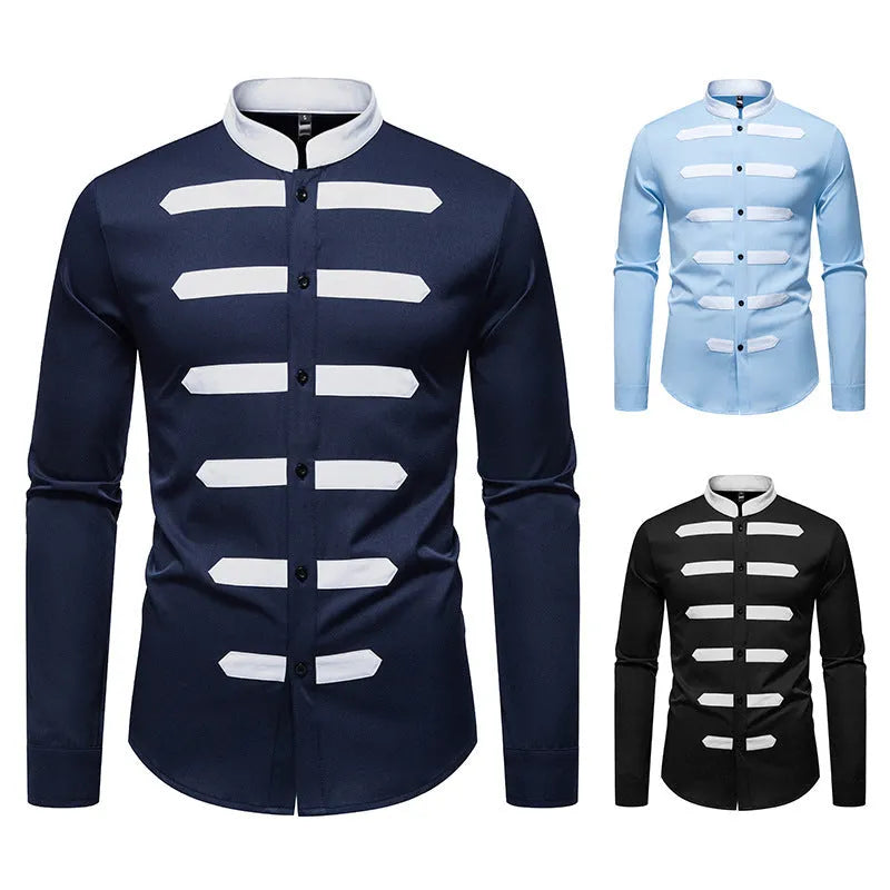 Men's black casual long sleeve shirt with black and white stitching on a slim-fit polyester cardigan