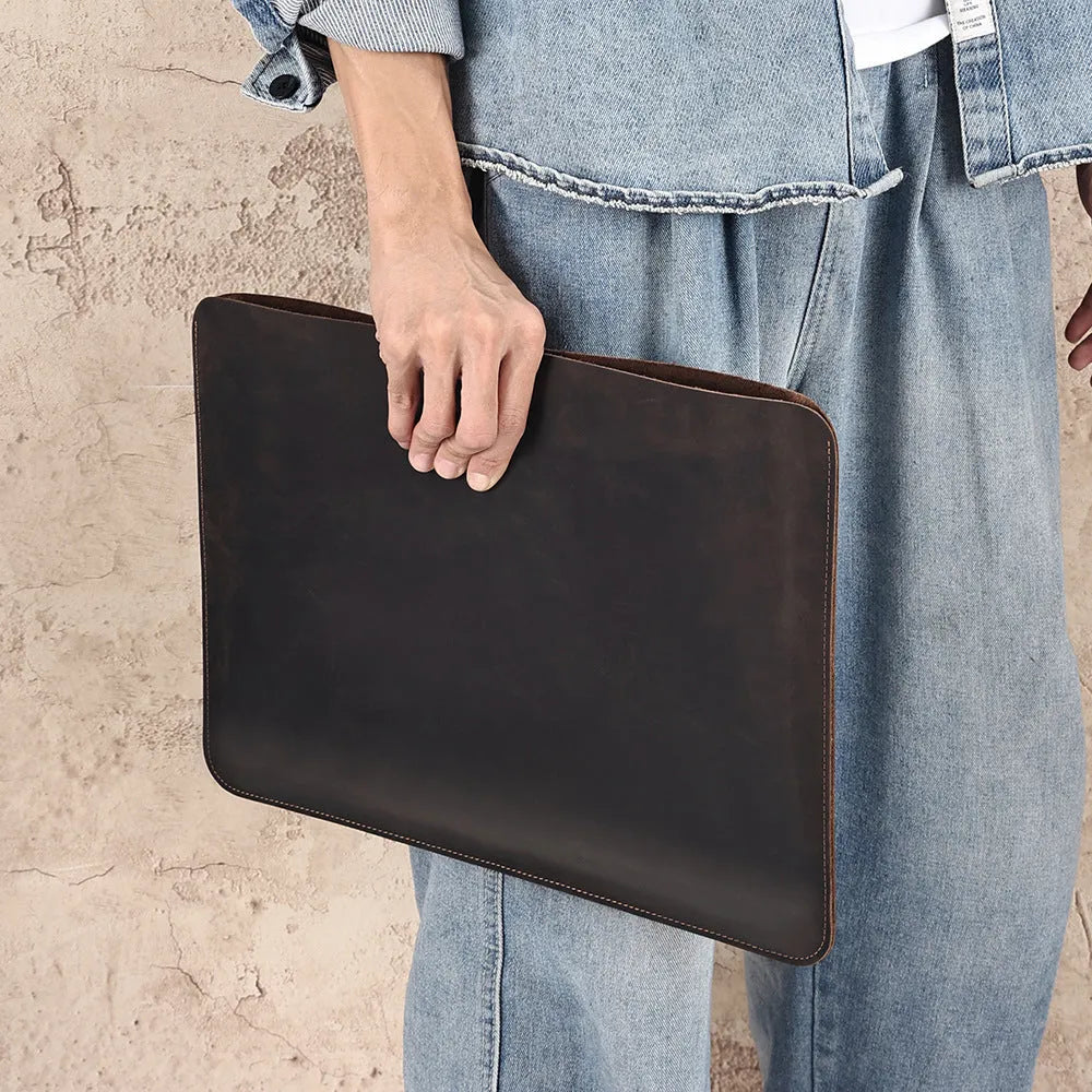 Brown crazy horse leather computer liner bag with first layer cowhide construction in L and M sizes
