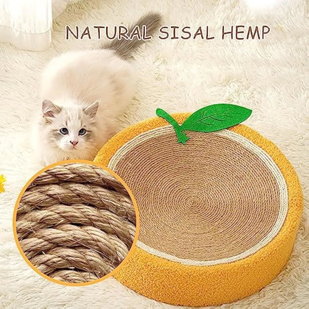 Round yellow fruit-shaped sisal cat scratching board and bed for small breeds.