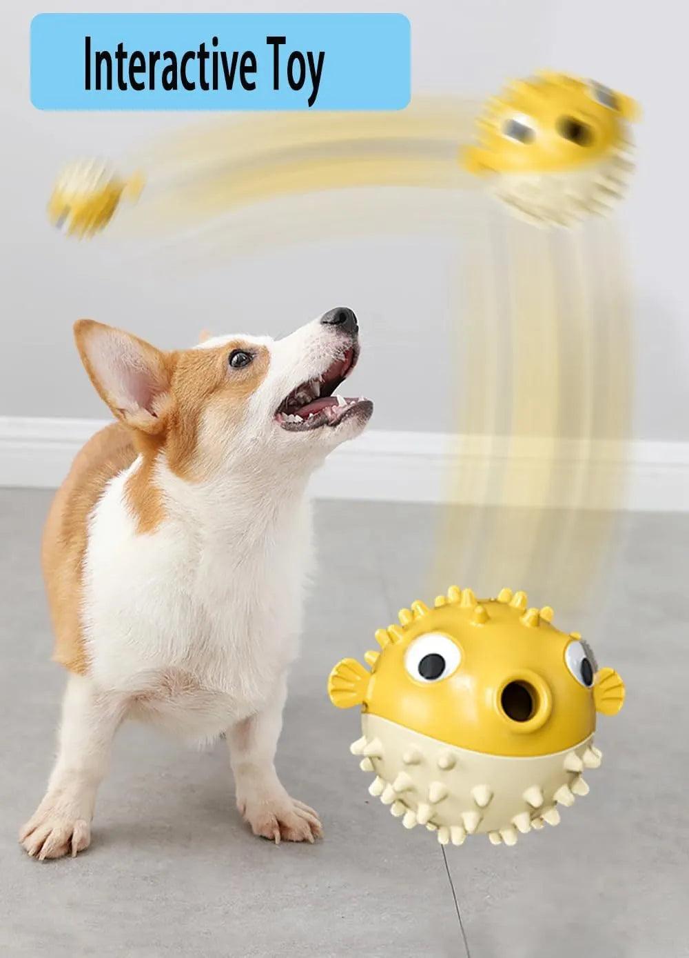 Fish shaped TPR interactive dog chew toy with treat dispensing slot and textured surface