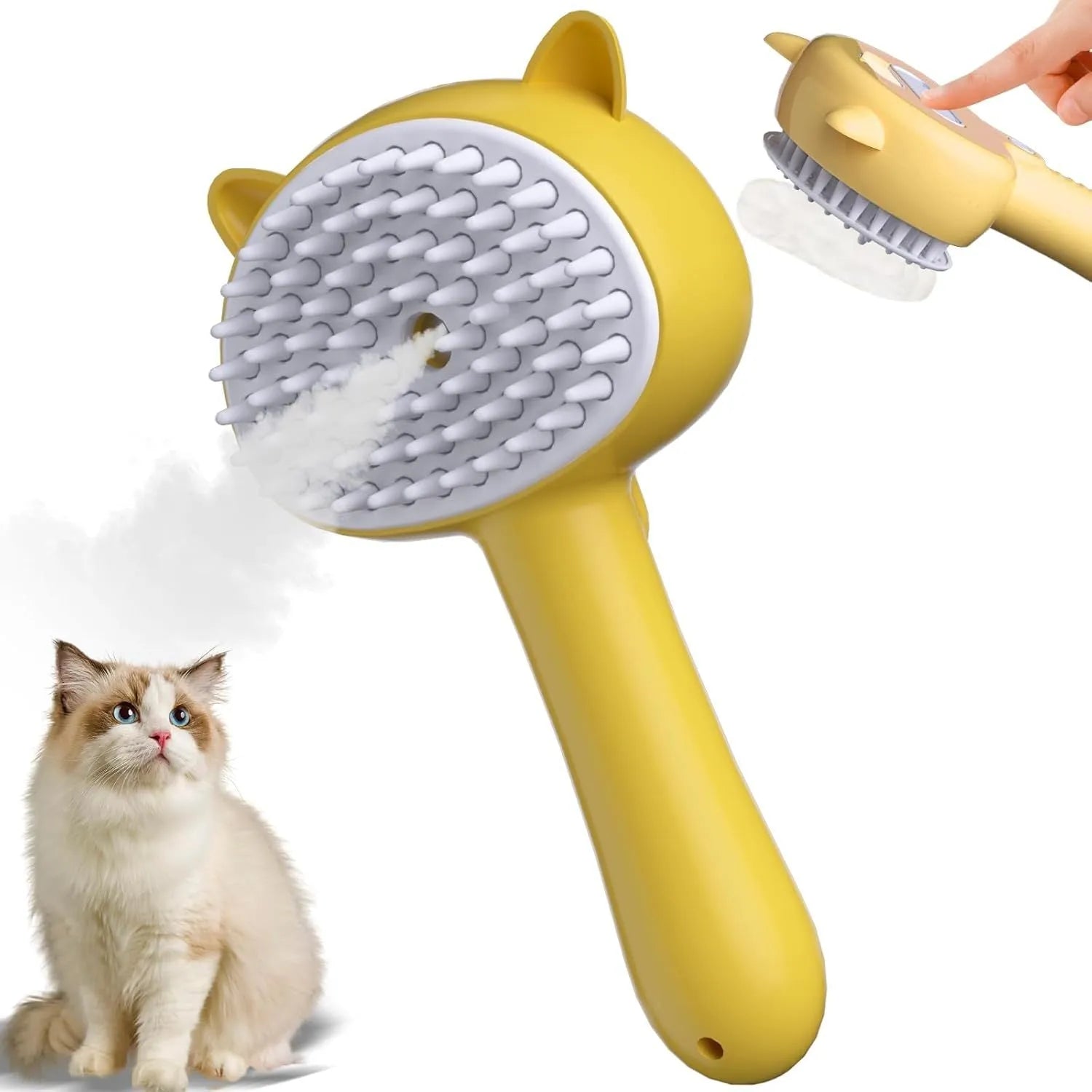 Cat ear-shaped steam grooming brush with blue handle and rubber bristles for pet hair removal