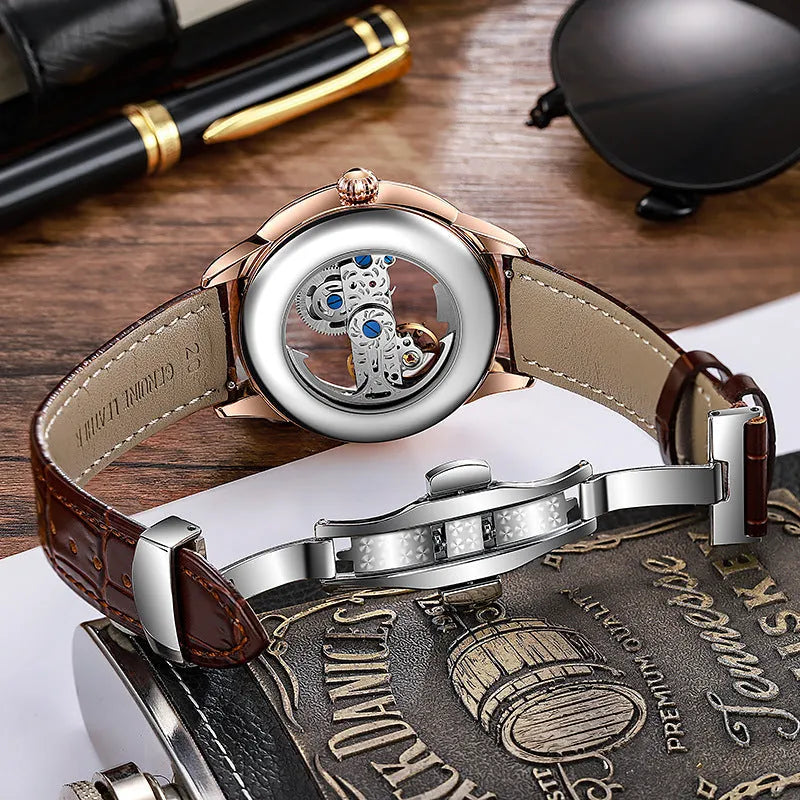 Men's zircon mechanical watch with stainless steel case and choice of strap on wrist.