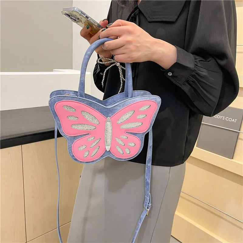 Square crossbody bag in PU material with contrast colour detailing showing white, pink, blue, and black colour options