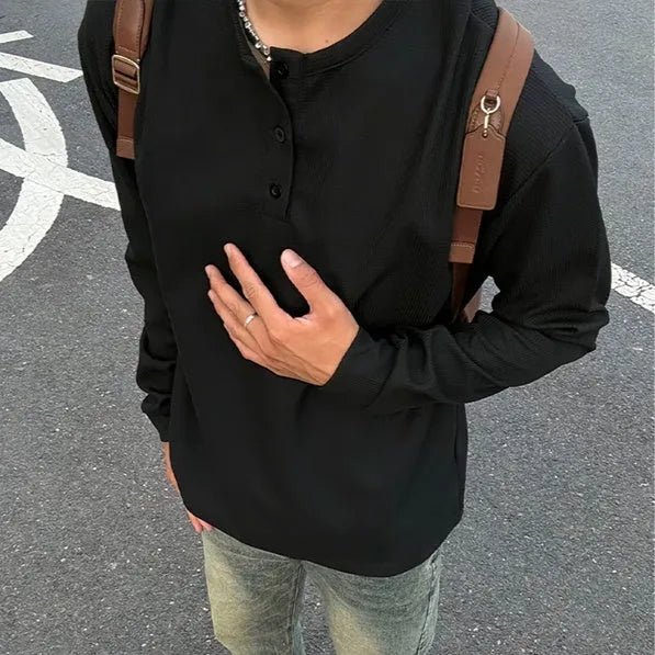 Black American Henry Collar long-sleeved men's top, solid colour, polyester fibre blend, loose fit