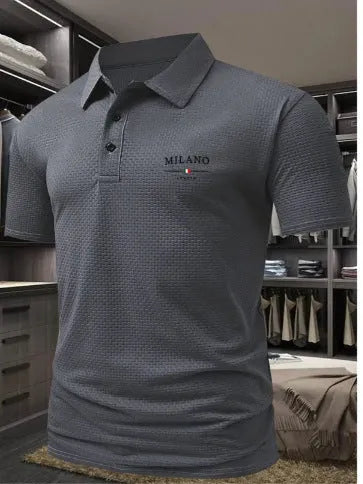Men's loose fit lapel collar polo shirt in pinhole cloth fabric, shown in a available colour.