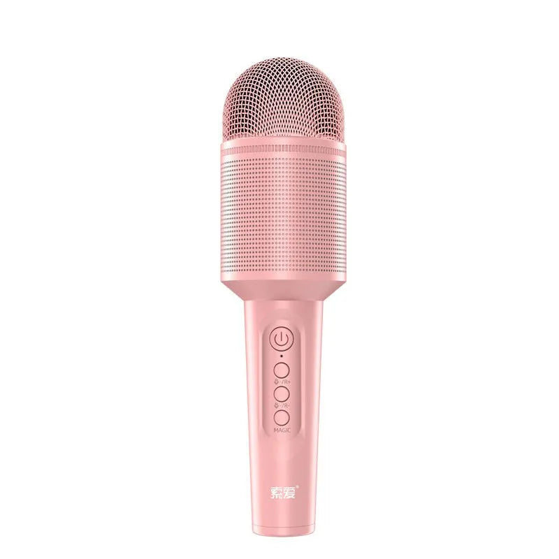 Wireless Bluetooth karaoke microphone in pink, blue, or green colours with USB charging port