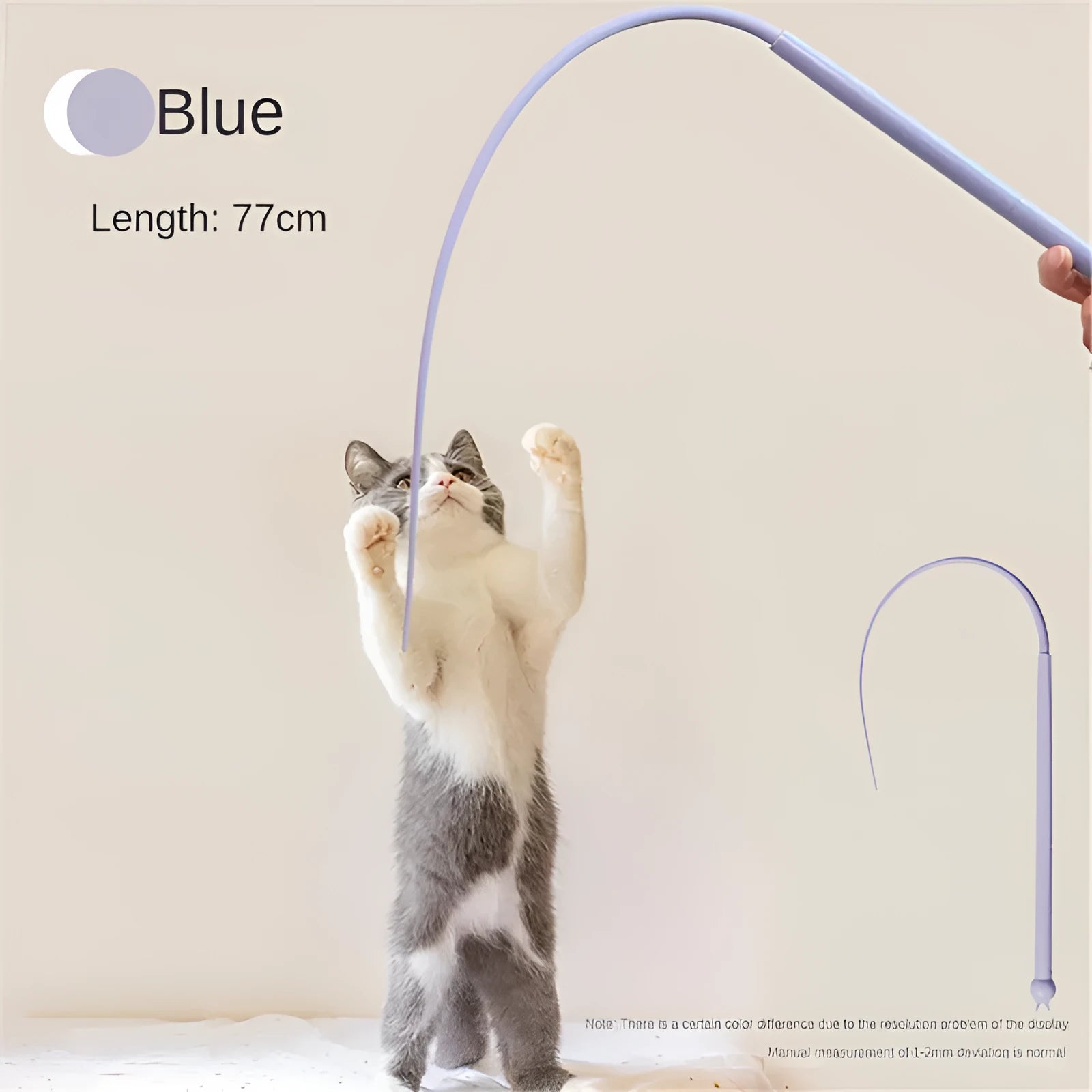 Simulated mouse tail cat toy with blue silicone tail and cat head handle for interactive play