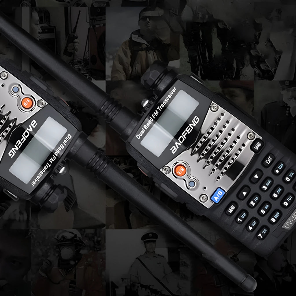 Baofeng UV-5RA black dual band walkie-talkie with dual display and antenna.