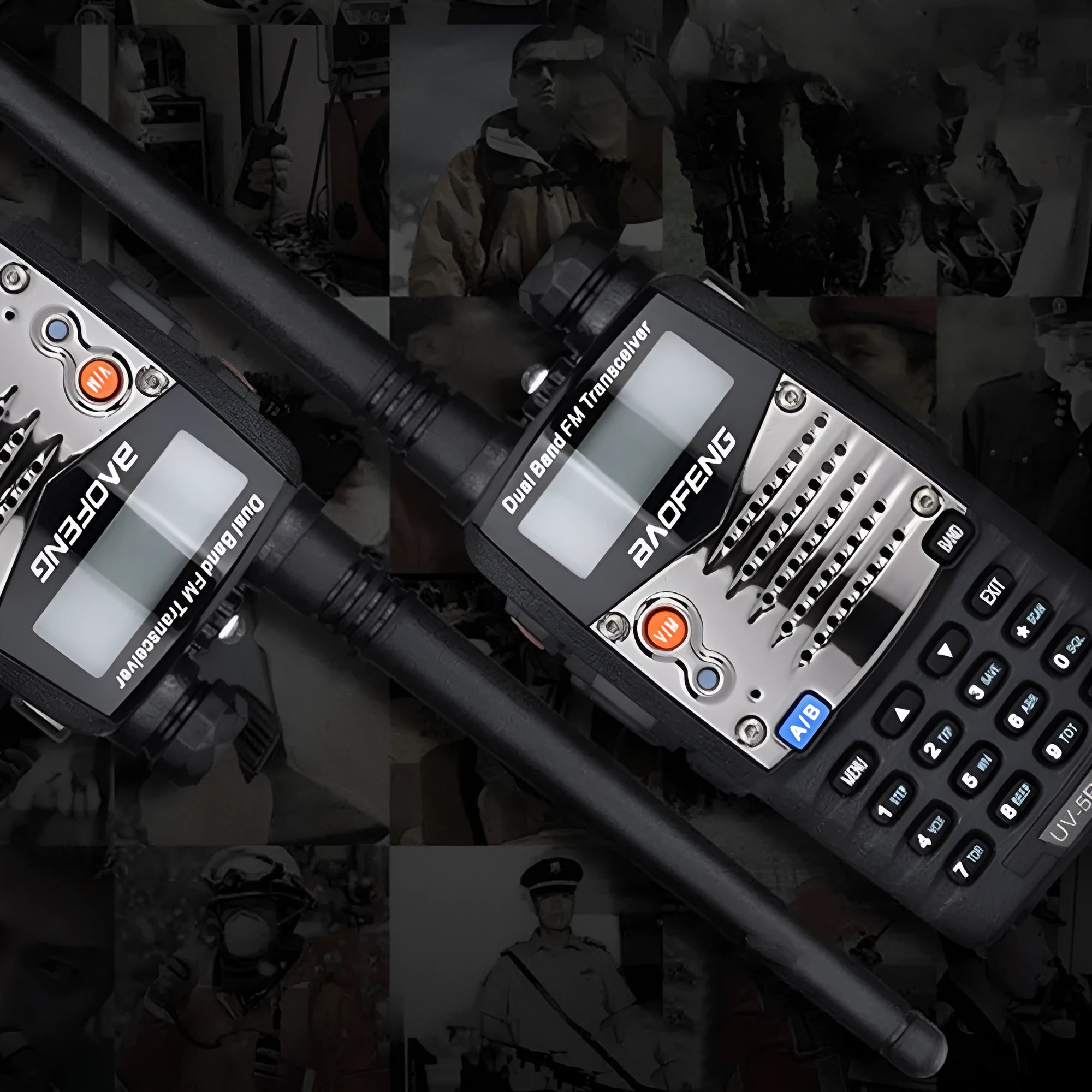 Baofeng UV-5RA black dual band walkie-talkie with dual display and antenna.