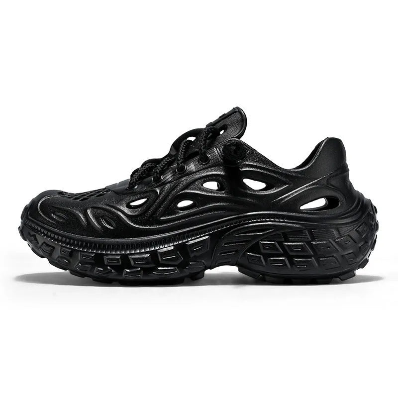 Men's black EVA sandals with thick sole, covered heel, and breathable hollow-out upper design.