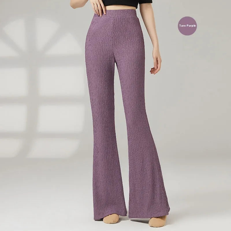 Female classical dance practice pants in polyester fabric showing five colour options including beige apricot and taro purple
