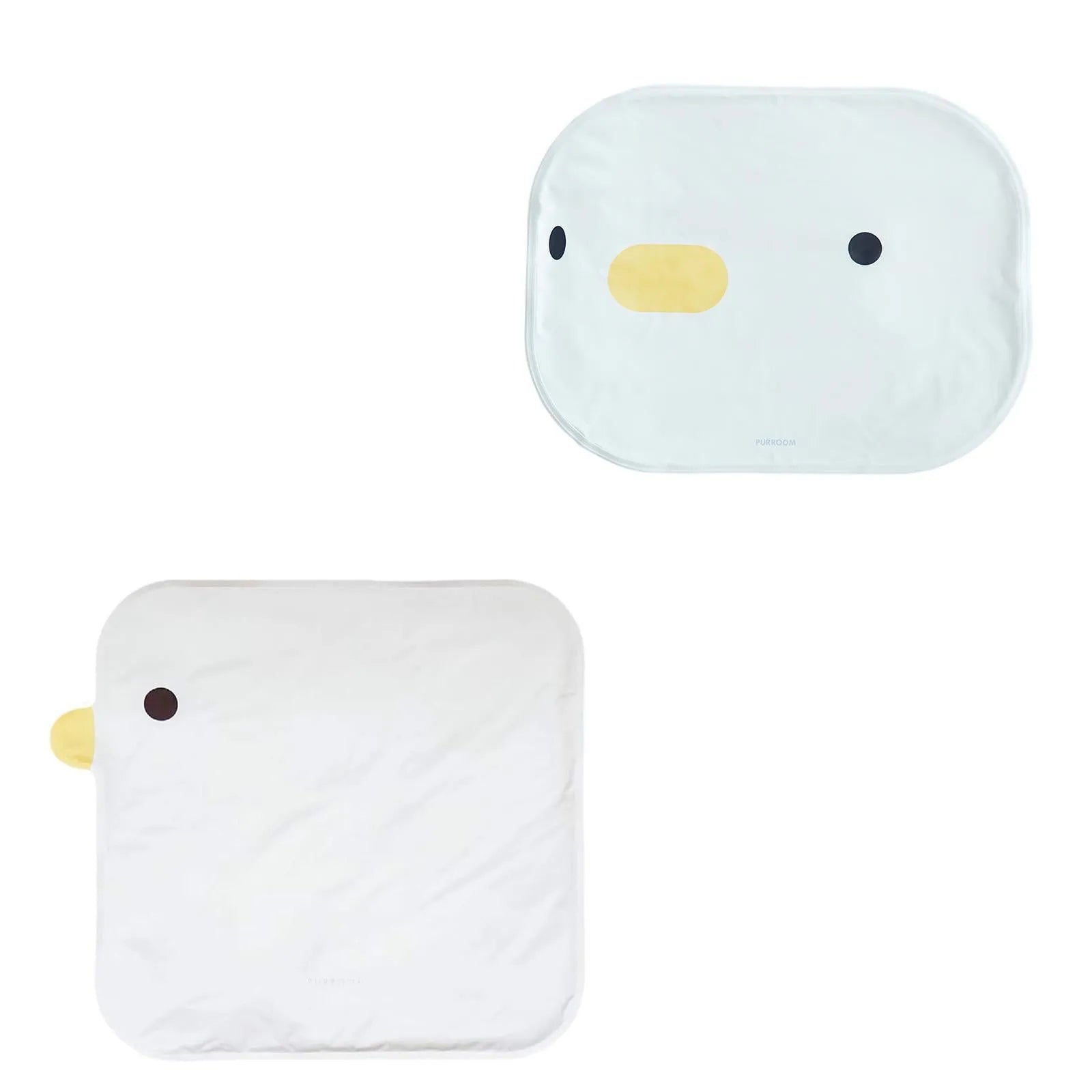 Washable chick-shaped pet cooling mat with non-stick surface next to an oval-shaped option.