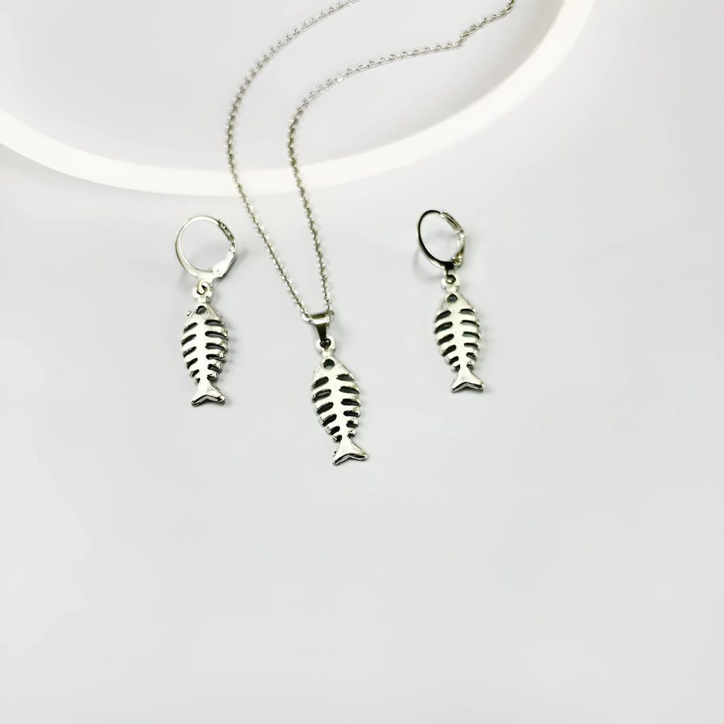 Women's fishbone design alloy earrings and necklace set with O-shaped chain in retro style