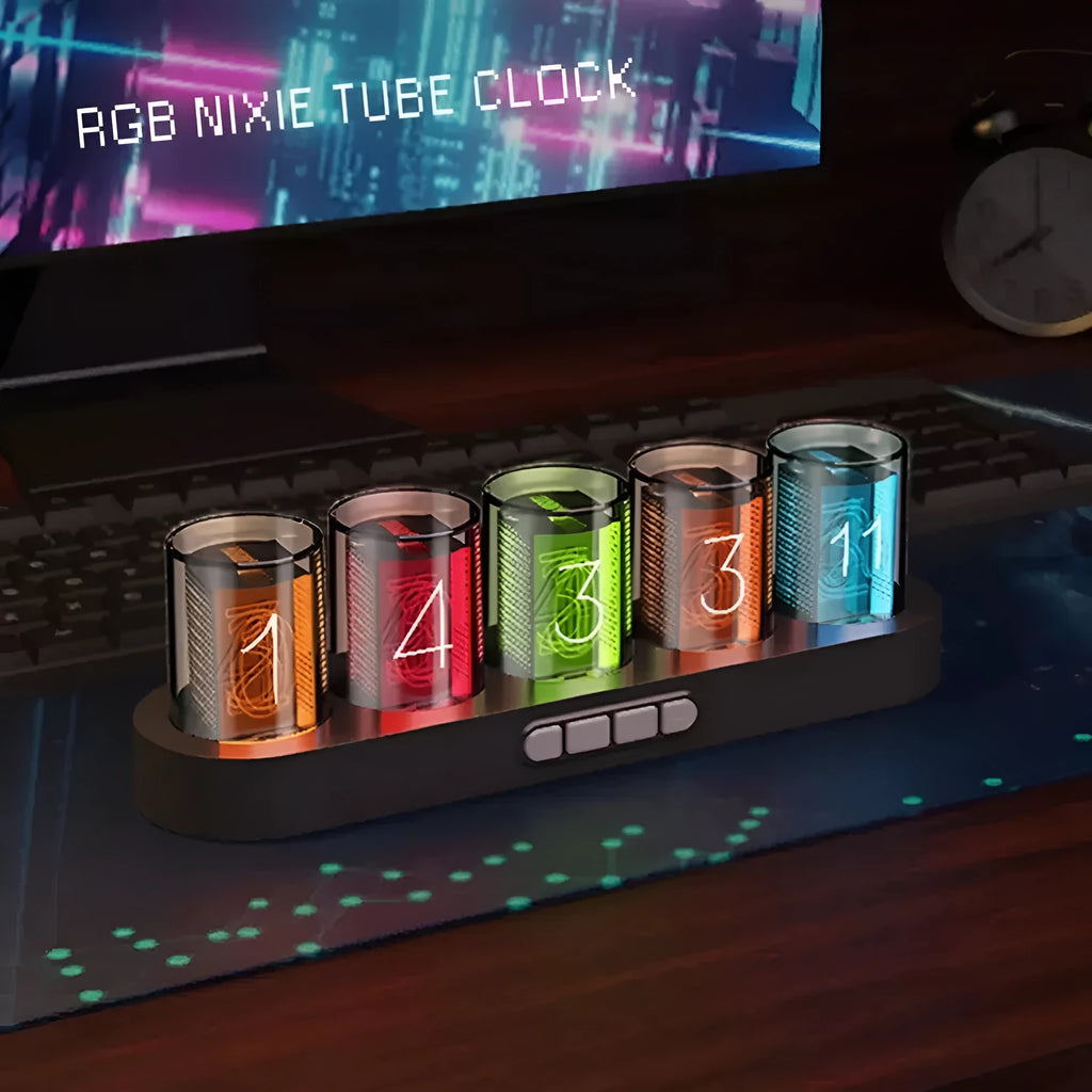 RGB LED digital tube clock showing time display with colourful lighting on desktop