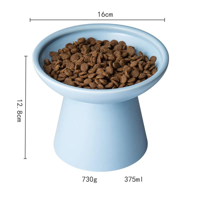 Ceramic elevated cat bowl in blue with wide shallow design for whisker fatigue relief