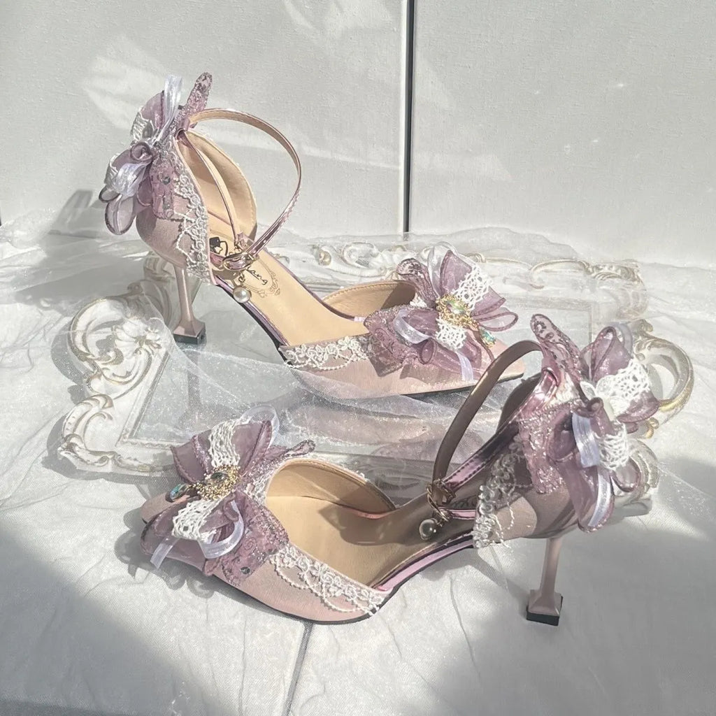Purple satin women's wedding shoes with square toe and stiletto heel in Lolita style.