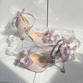 Purple satin women's wedding shoes with square toe and stiletto heel in Lolita style.