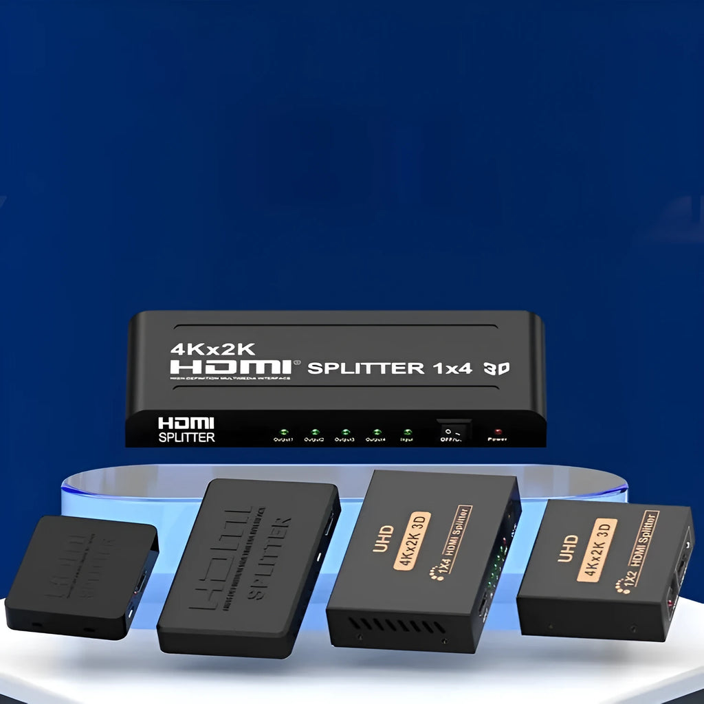 4K HDMI splitter distributing one input to two outputs with USB charger lead
