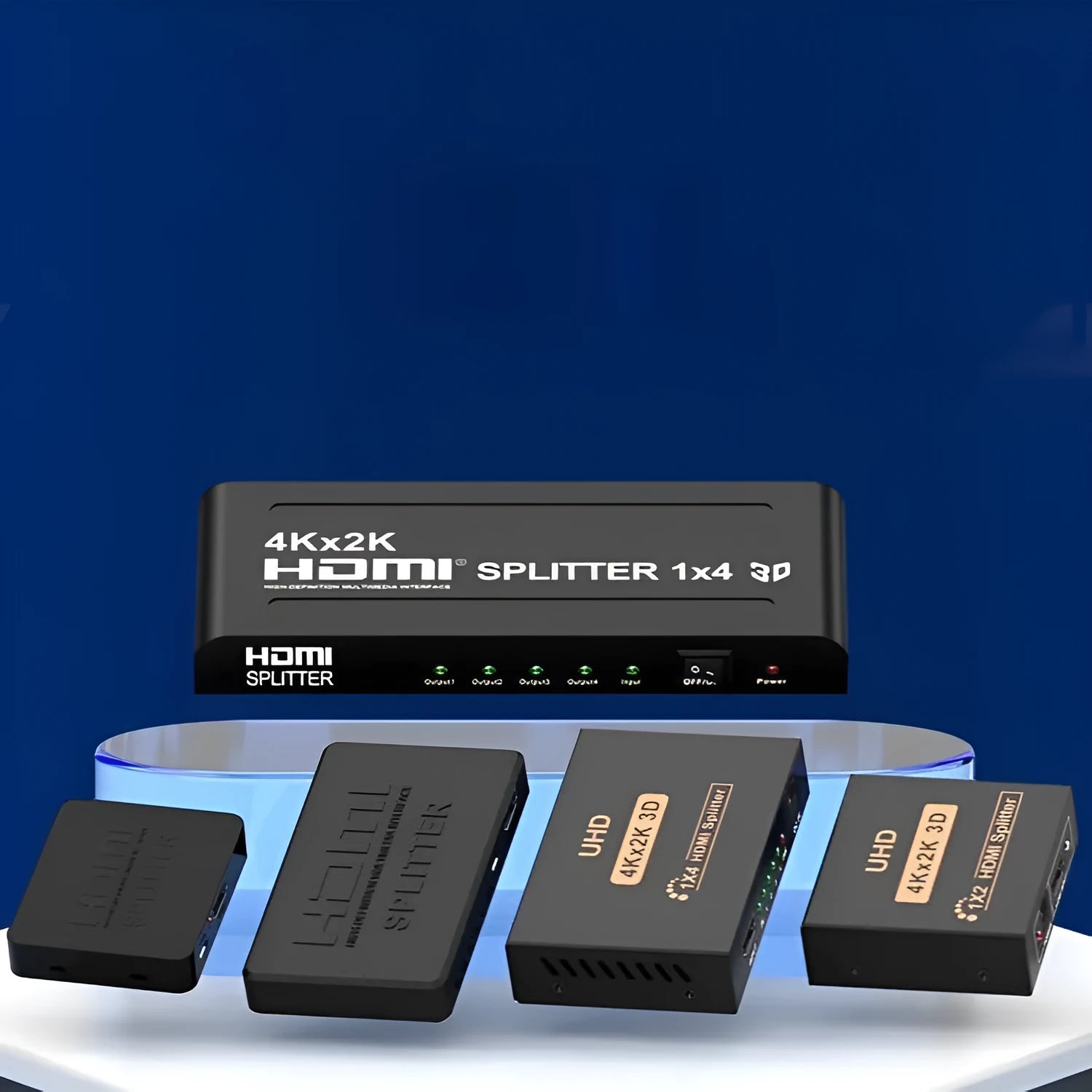 4K HDMI splitter distributing one input to two outputs with USB charger lead