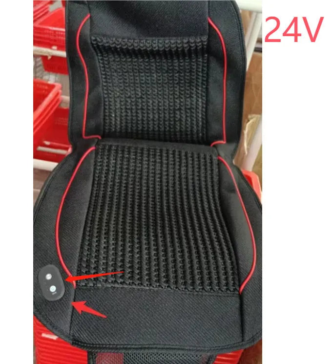 Black car ventilation seat cushion measuring 60x60cm with power cord