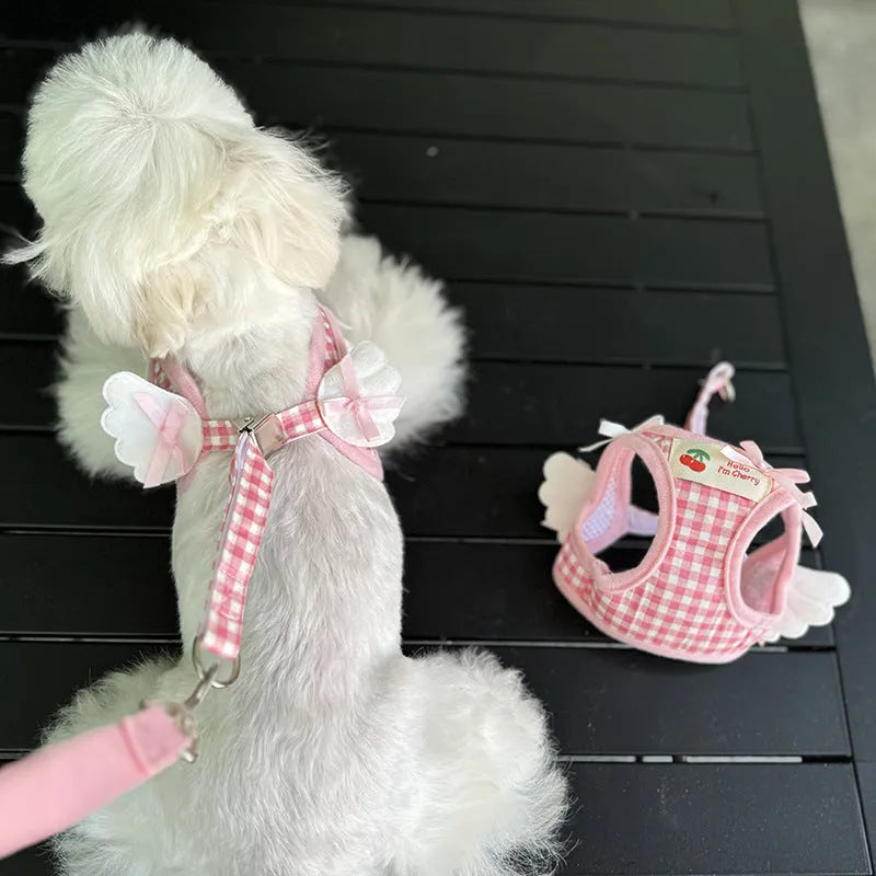 Pink and black cotton chest-back harness lead for small dogs on a white background.