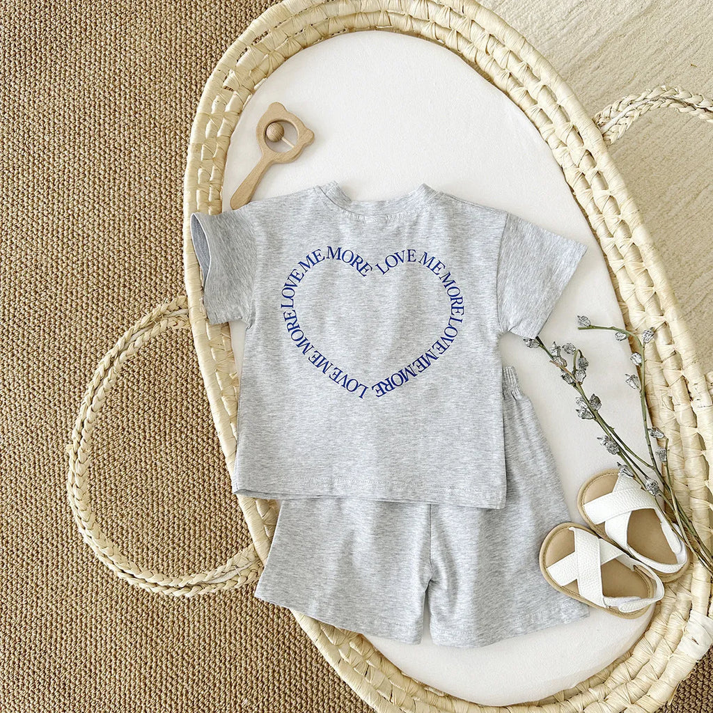 Korean style baby cotton two-piece suit set with heart printing and plaid pattern, shown in grey.