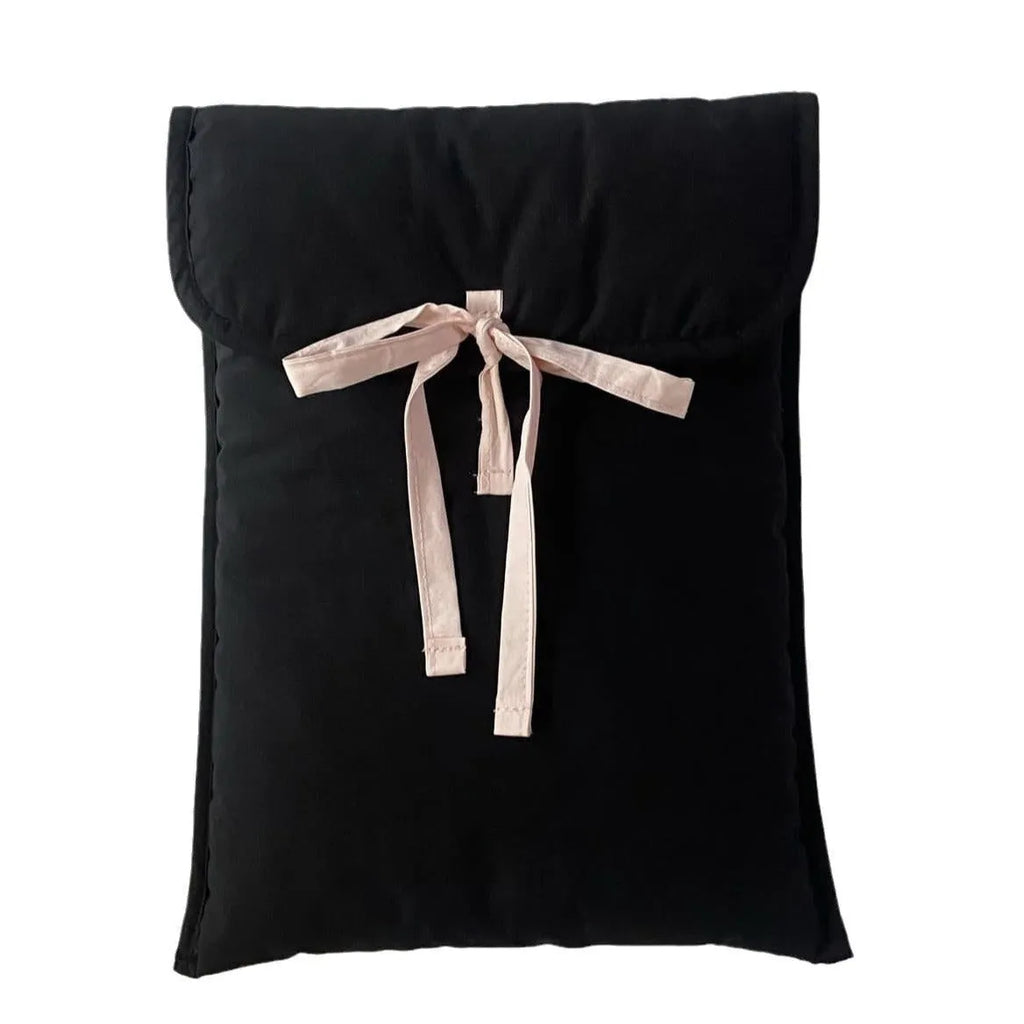 Women's quilted laptop bag with bow detail in nylon, showing striped lining and size options